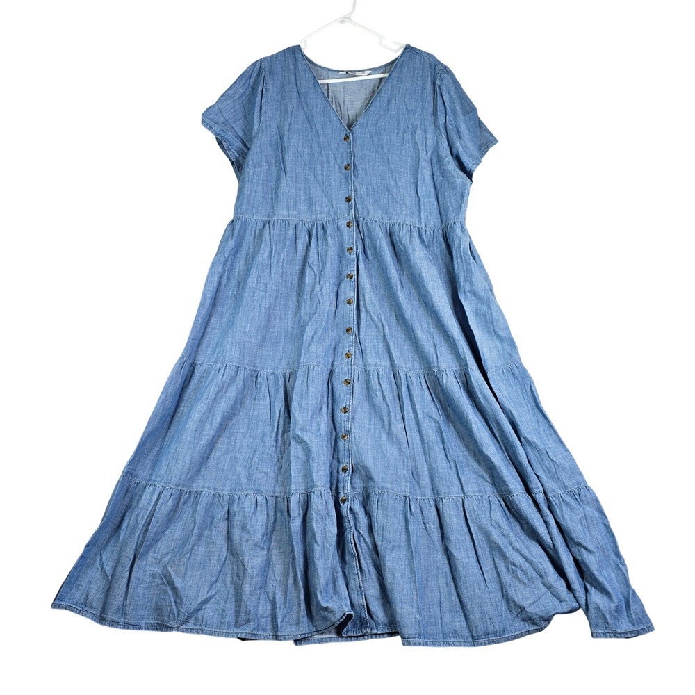 Sonoma Midi Dress Women XXL Blue Chambray Tiered Button Front Maxi Cottage Farm